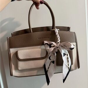 Stylish Brown and Cream Satchel with Scarf Accent